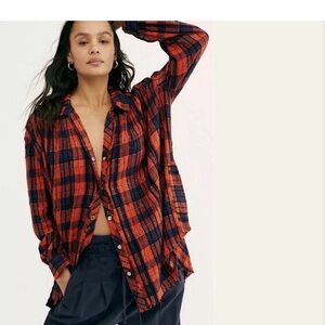 Free People Red and Navy Plaid Button Down Shirt Ralph Lauren Christmas